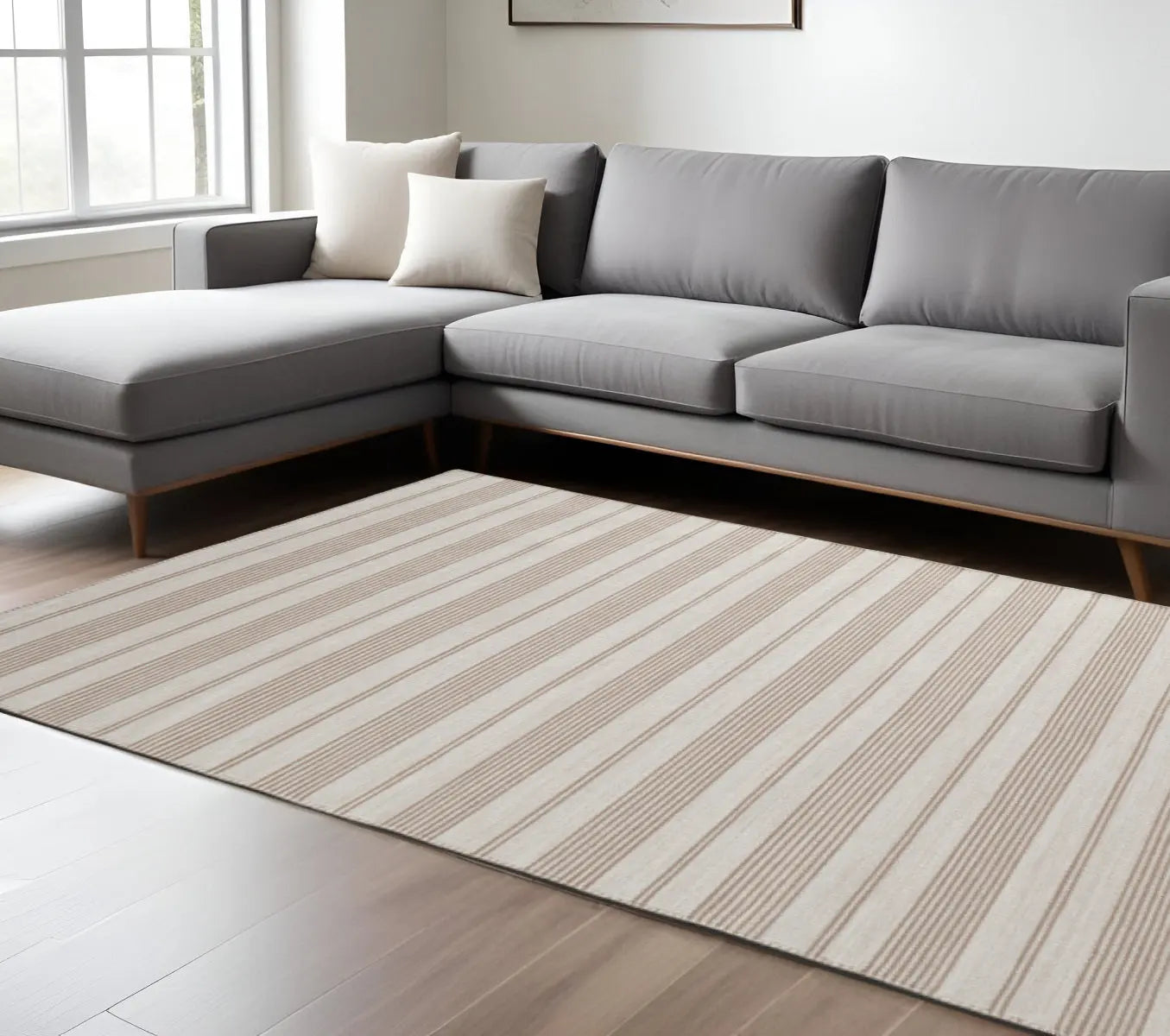 8' X 11' Ivory And Taupe Striped Hand Woven Area Rug Homeroots Outdoor