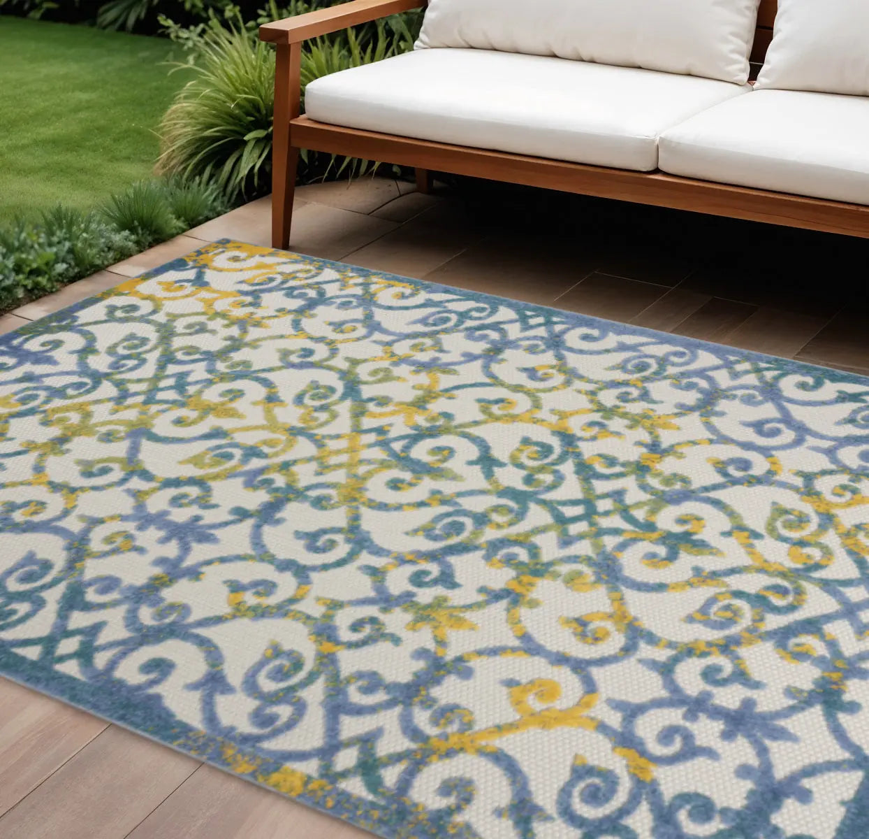 8' X 11' Ivory Blue And Yellow Trellis Indoor Outdoor Area Rug Homeroots Outdoor