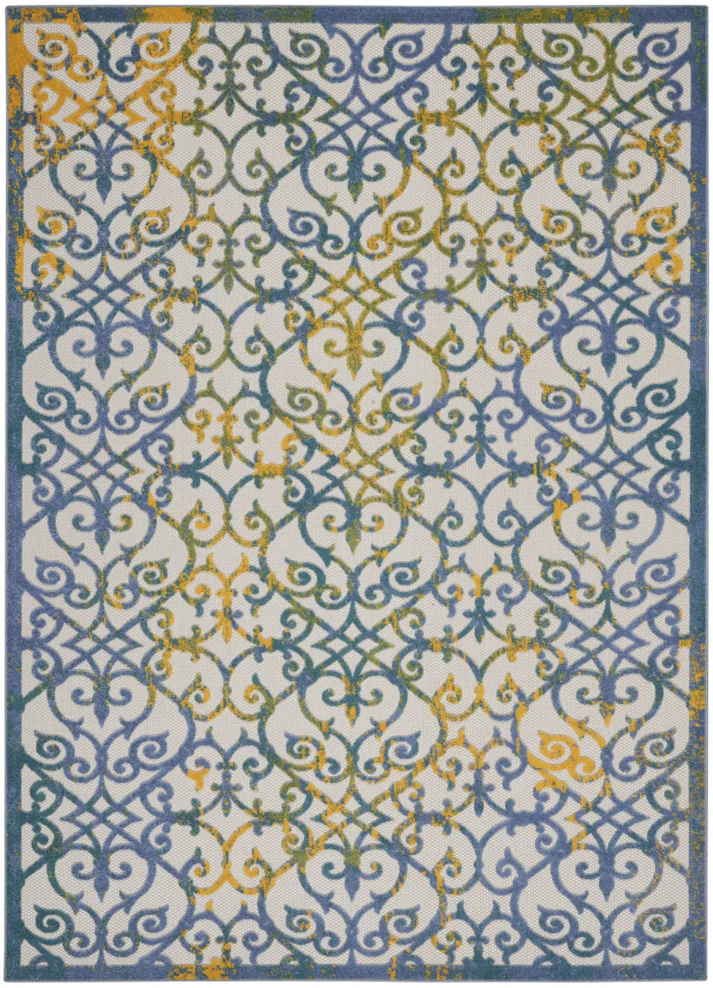 8' X 11' Ivory Blue And Yellow Trellis Indoor Outdoor Area Rug Homeroots Outdoor