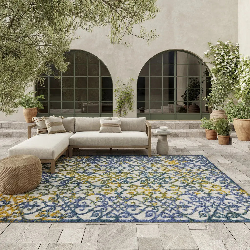8' X 11' Ivory Blue And Yellow Trellis Indoor Outdoor Area Rug Homeroots Outdoor
