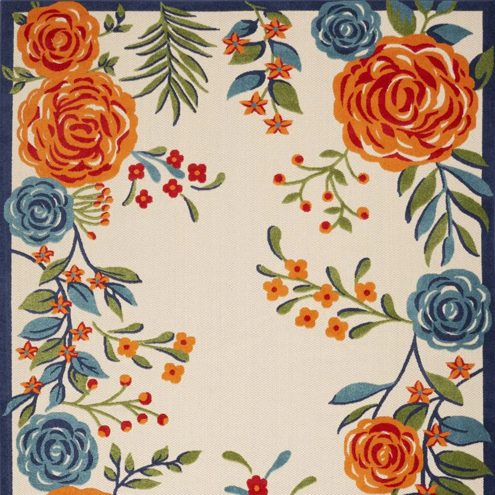 8' X 11' Ivory Blue and Orange Floral Non Skid Indoor Outdoor Area Rug Homeroots Outdoor