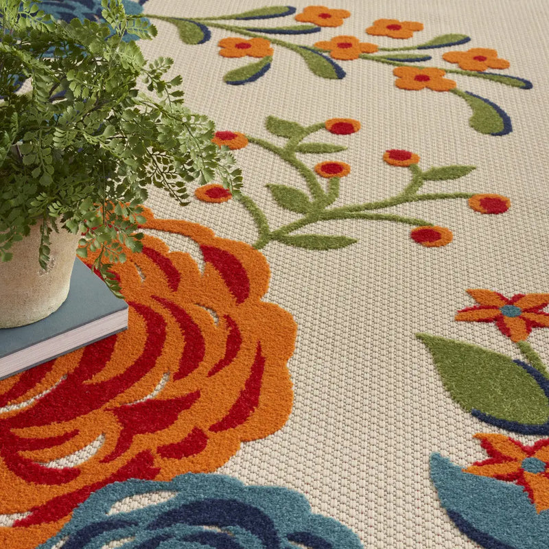 8' X 11' Ivory Blue and Orange Floral Non Skid Indoor Outdoor Area Rug Homeroots Outdoor