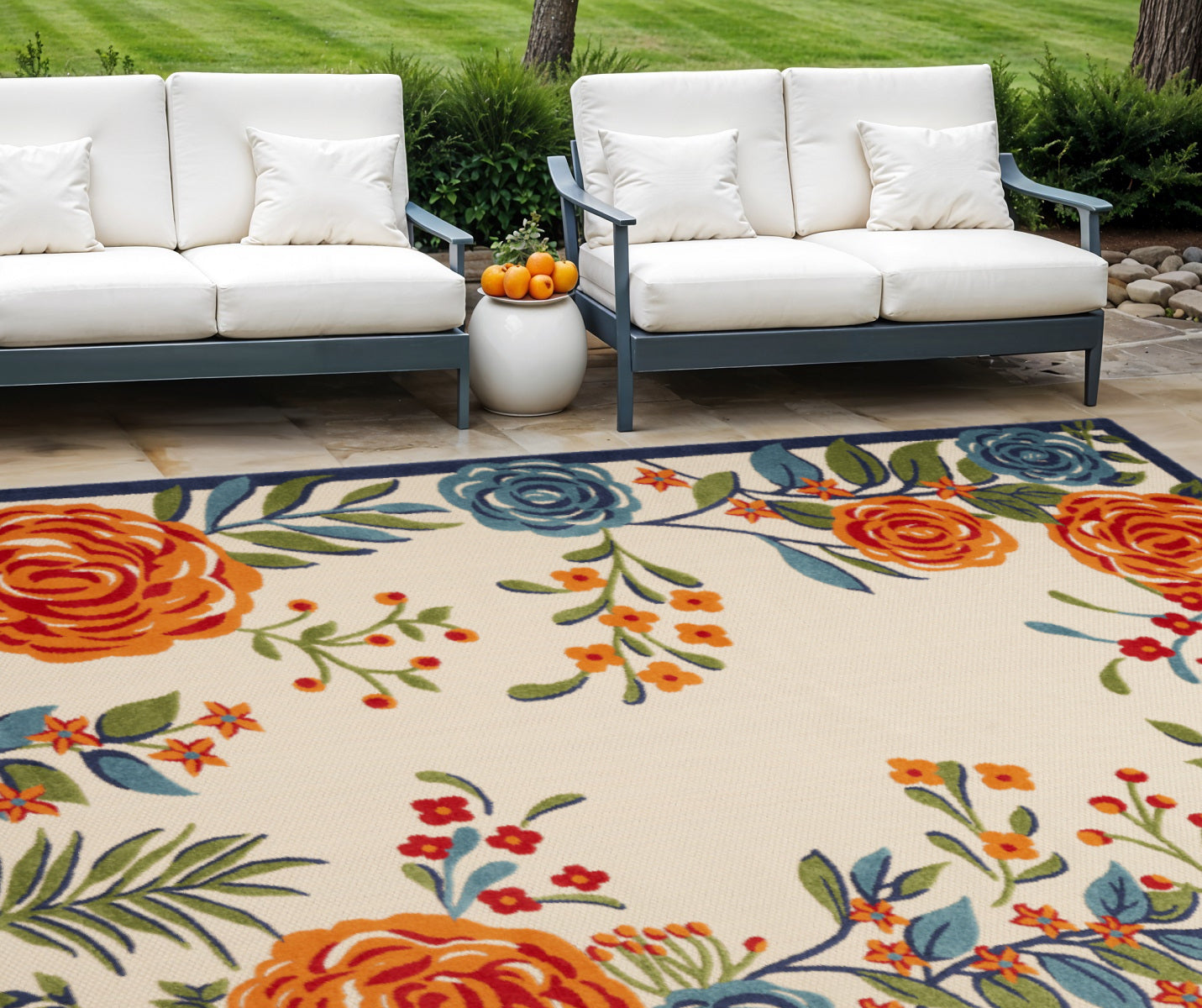 8' X 11' Ivory Blue and Orange Floral Non Skid Indoor Outdoor Area Rug Homeroots Outdoor