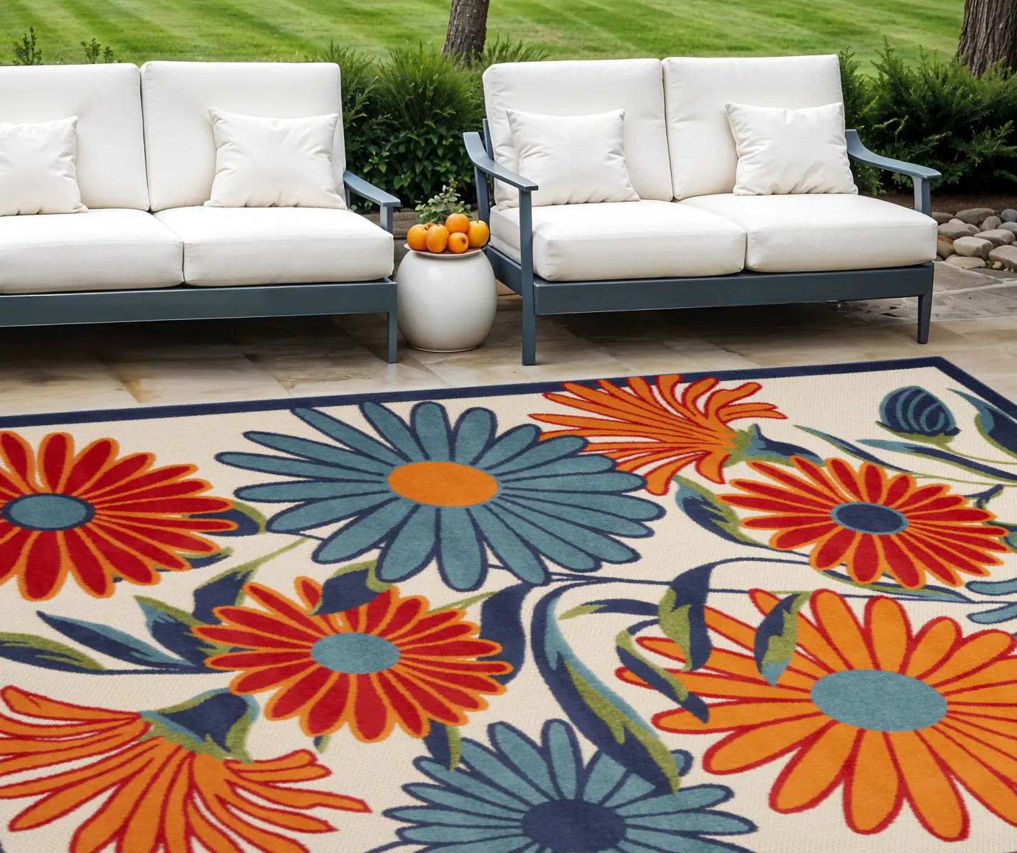8' X 11' Ivory Blue and Orange Floral Non Skid Indoor Outdoor Area Rug Homeroots Outdoor