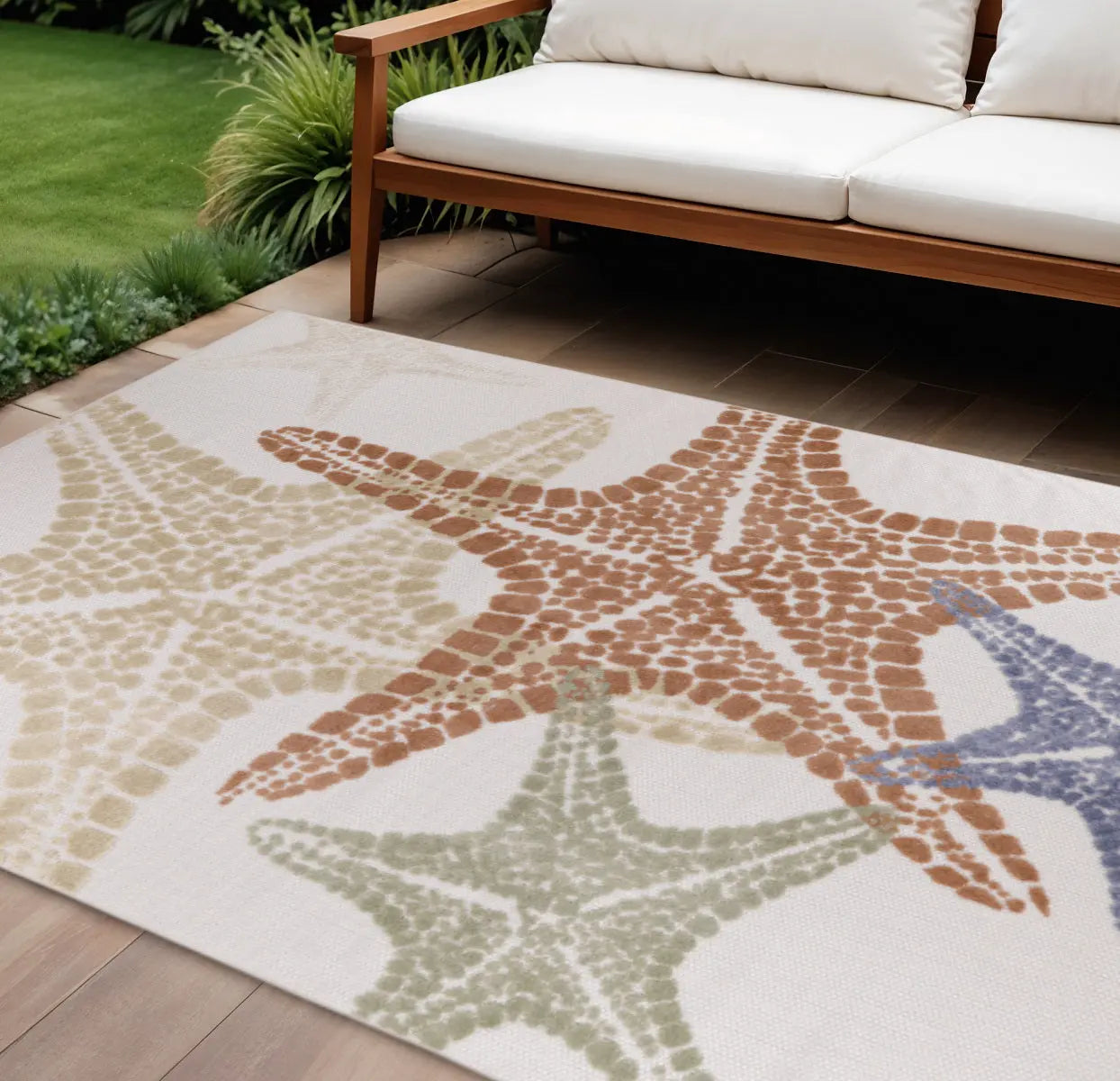 8' X 11' Ivory Yellow Orange And Green Starfish Indoor Outdoor Area Rug Homeroots Outdoor