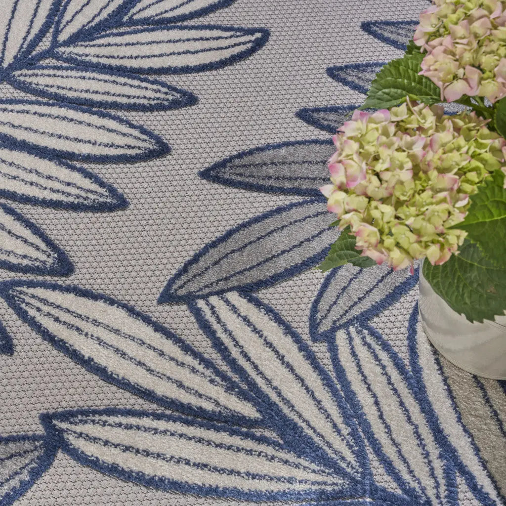 8' X 11' Navy Blue And Ivory Botanical Leaves Indoor Outdoor Area Rug Homeroots Outdoor
