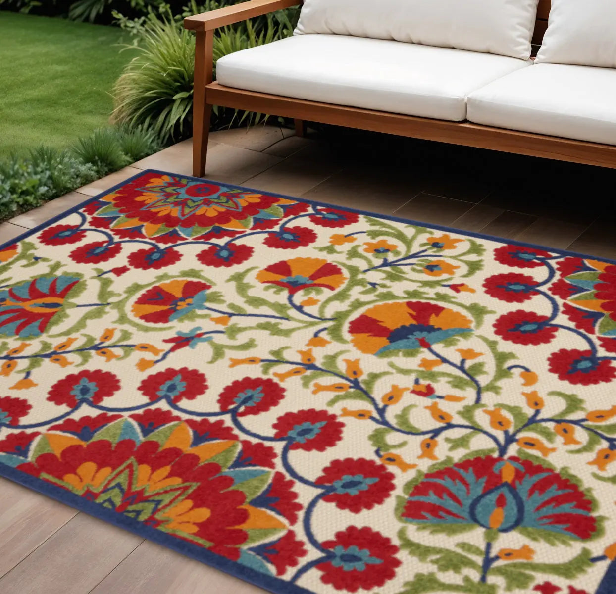 8' X 11' Navy Blue Beige Green Blue And Red Floral Indoor Outdoor Area Rug Homeroots Outdoor