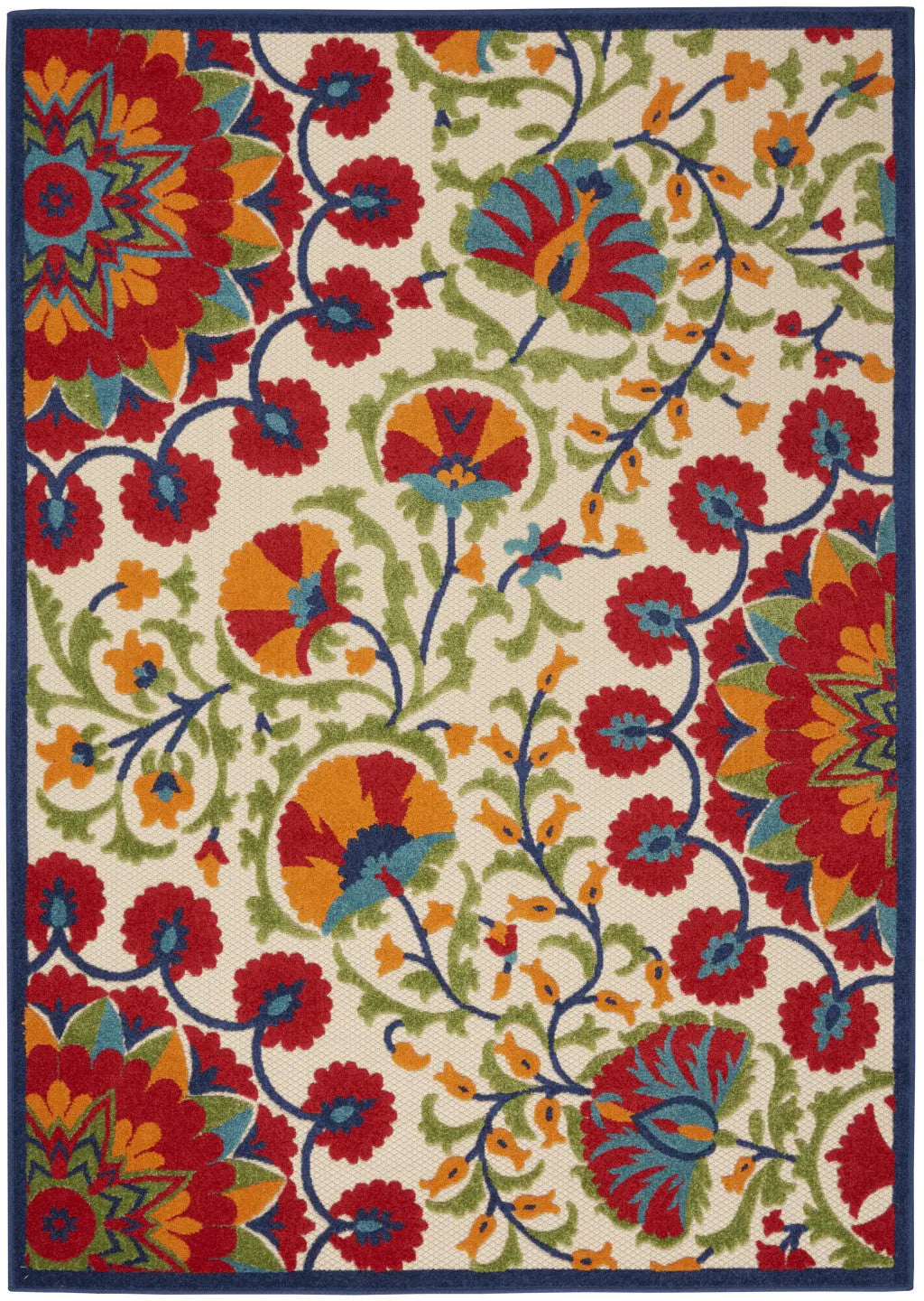 8' X 11' Navy Blue Beige Green Blue And Red Floral Indoor Outdoor Area Rug Homeroots Outdoor