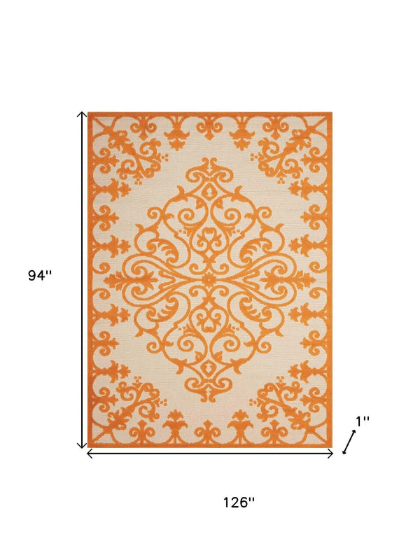 8' X 11' Orange And Ivory Damask Indoor Outdoor Area Rug - GreatEagleInc
