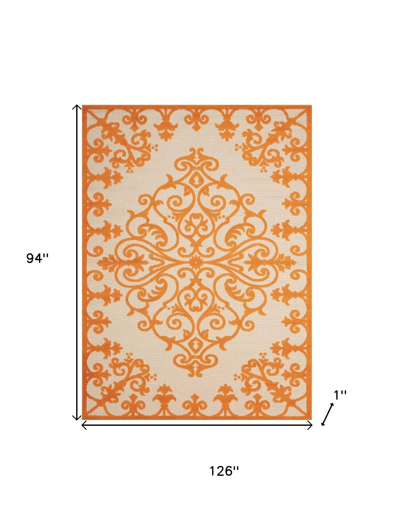 8' X 11' Orange And Ivory Damask Indoor Outdoor Area Rug - GreatEagleInc