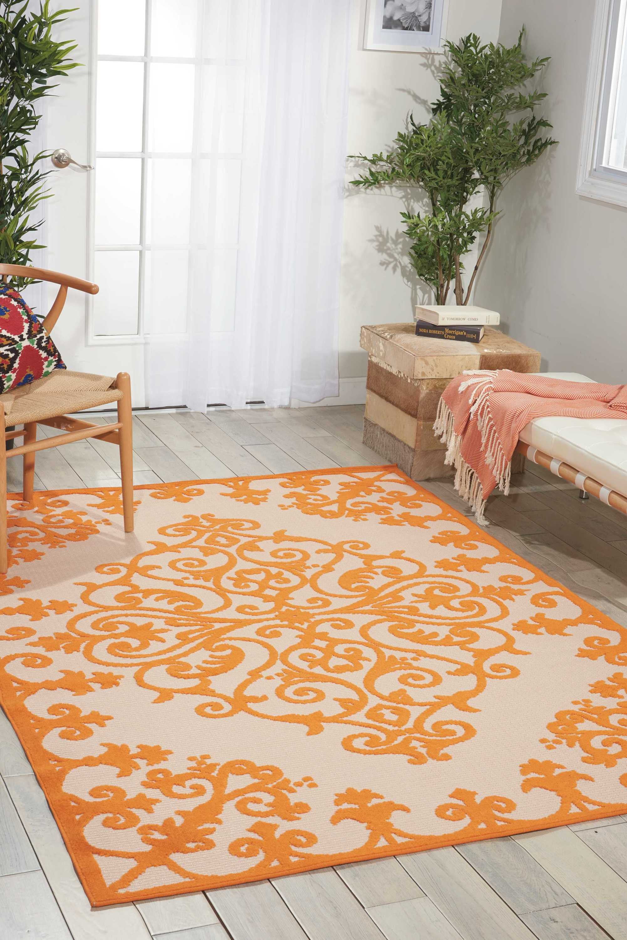 8' X 11' Orange And Ivory Damask Indoor Outdoor Area Rug - GreatEagleInc