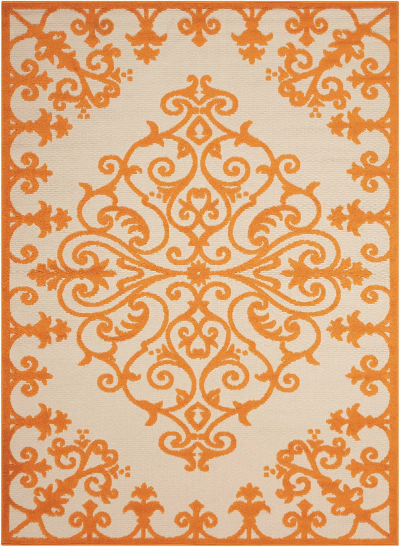 8' X 11' Orange And Ivory Damask Indoor Outdoor Area Rug - GreatEagleInc