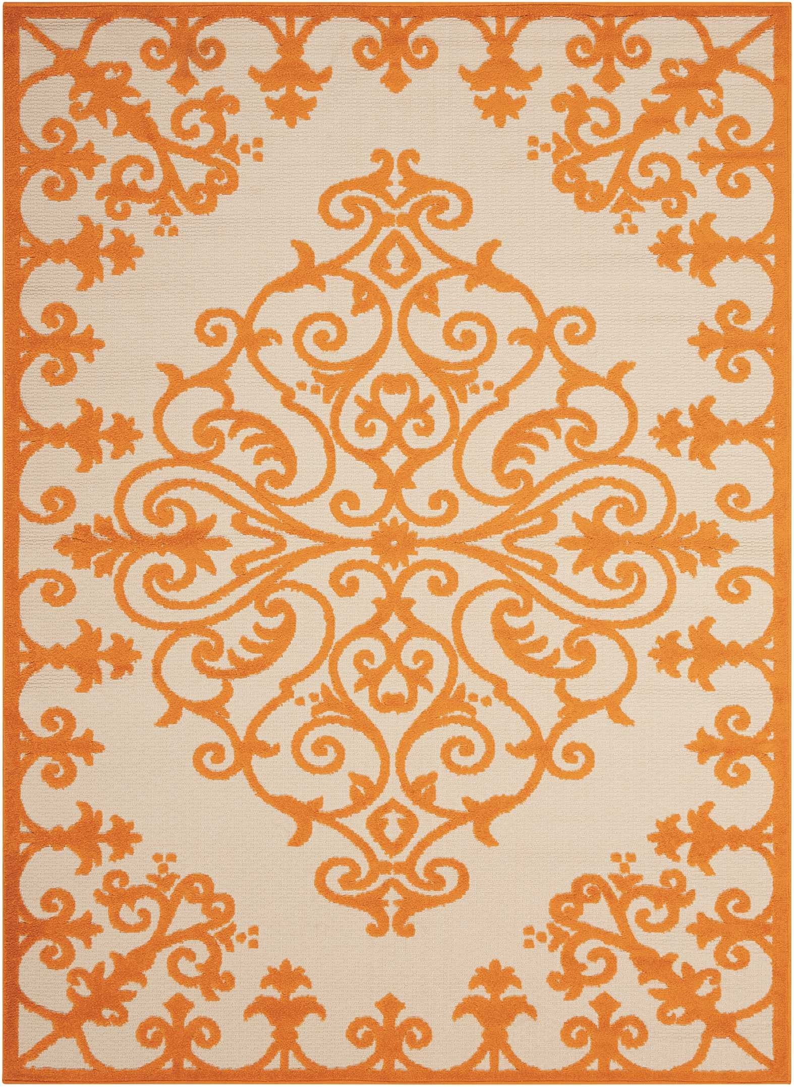 8' X 11' Orange And Ivory Damask Indoor Outdoor Area Rug - GreatEagleInc