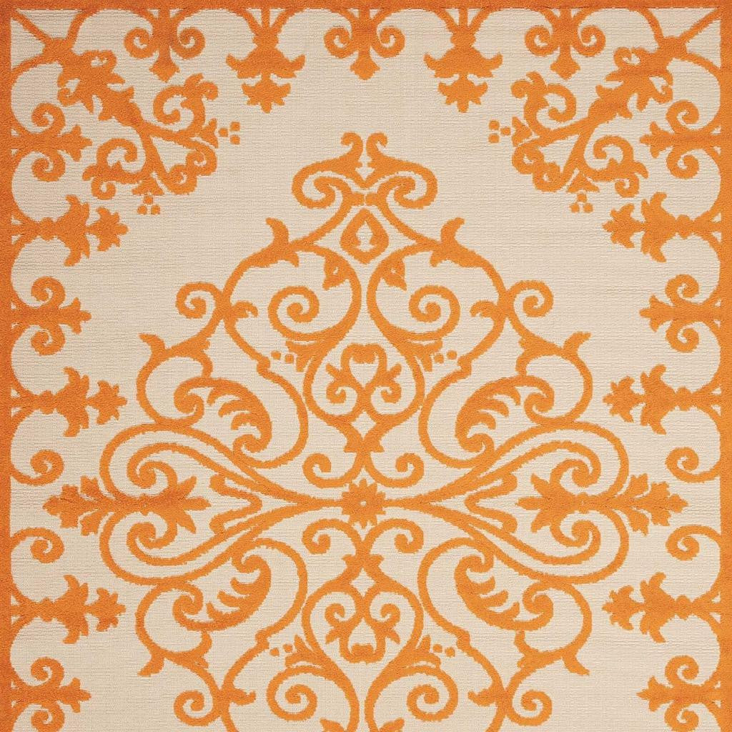 8' X 11' Orange And Ivory Damask Indoor Outdoor Area Rug - GreatEagleInc
