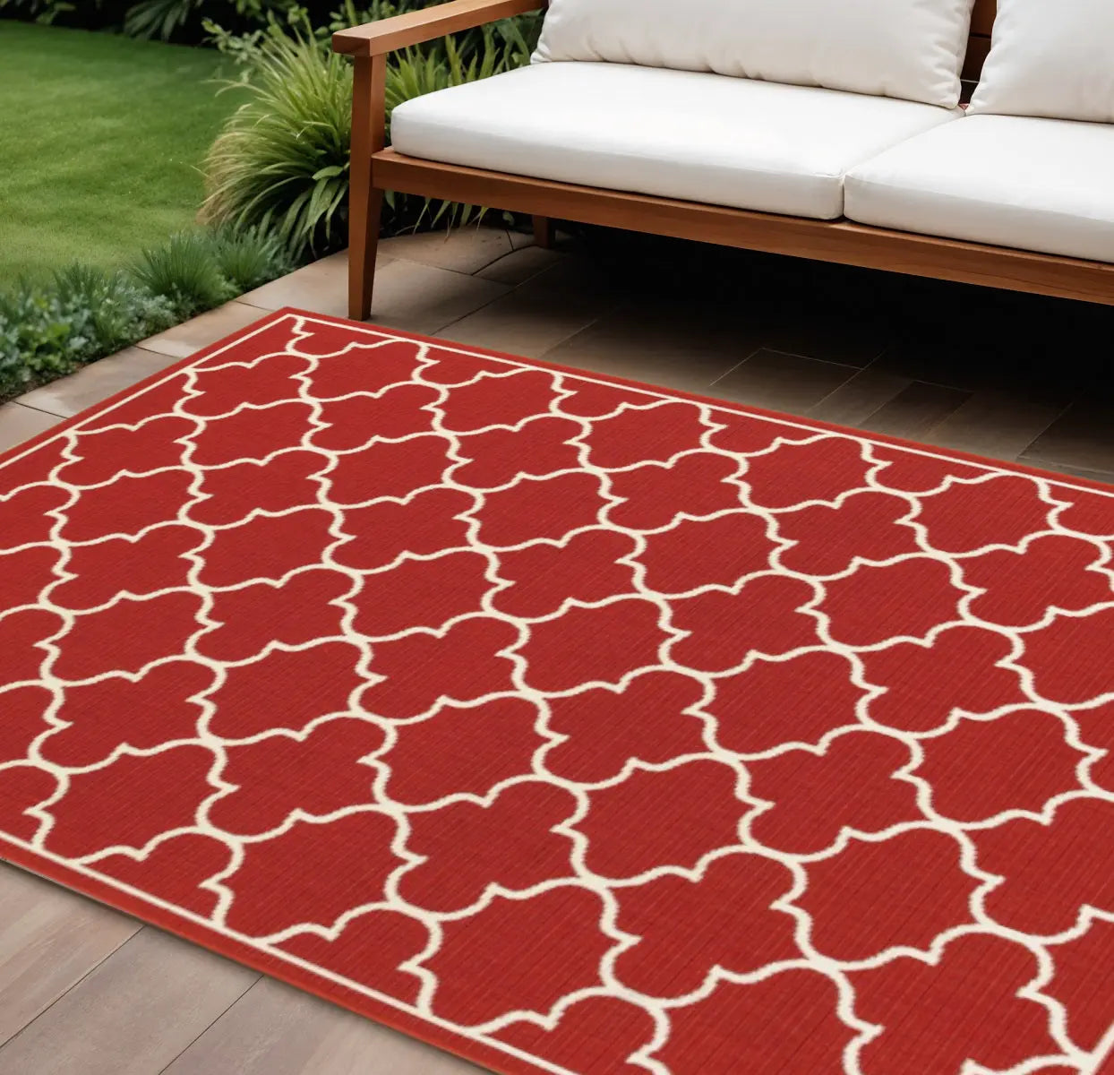 8' X 11' Red And Ivory Indoor Outdoor Area Rug Homeroots Outdoor