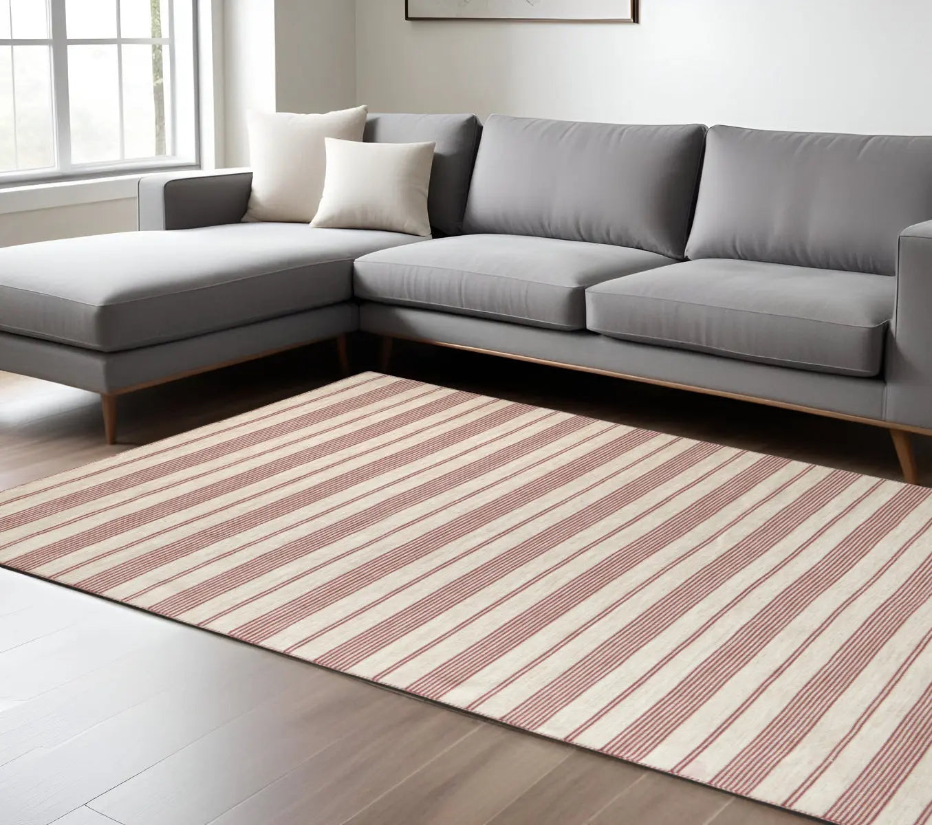 8' X 11' Red and Ivory Striped Hand Woven Area Rug Homeroots Outdoor