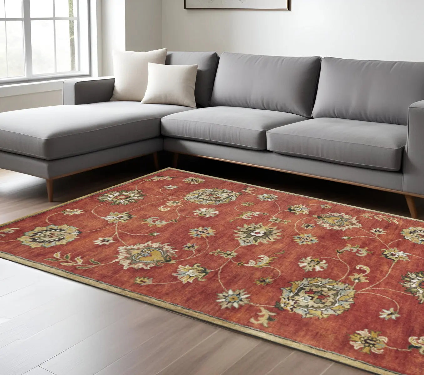 8' X 11' Sienna Gold And Green New Zealand Lambs Wool Floral Vines Hand Tufted Area Rug Homeroots Home Decor