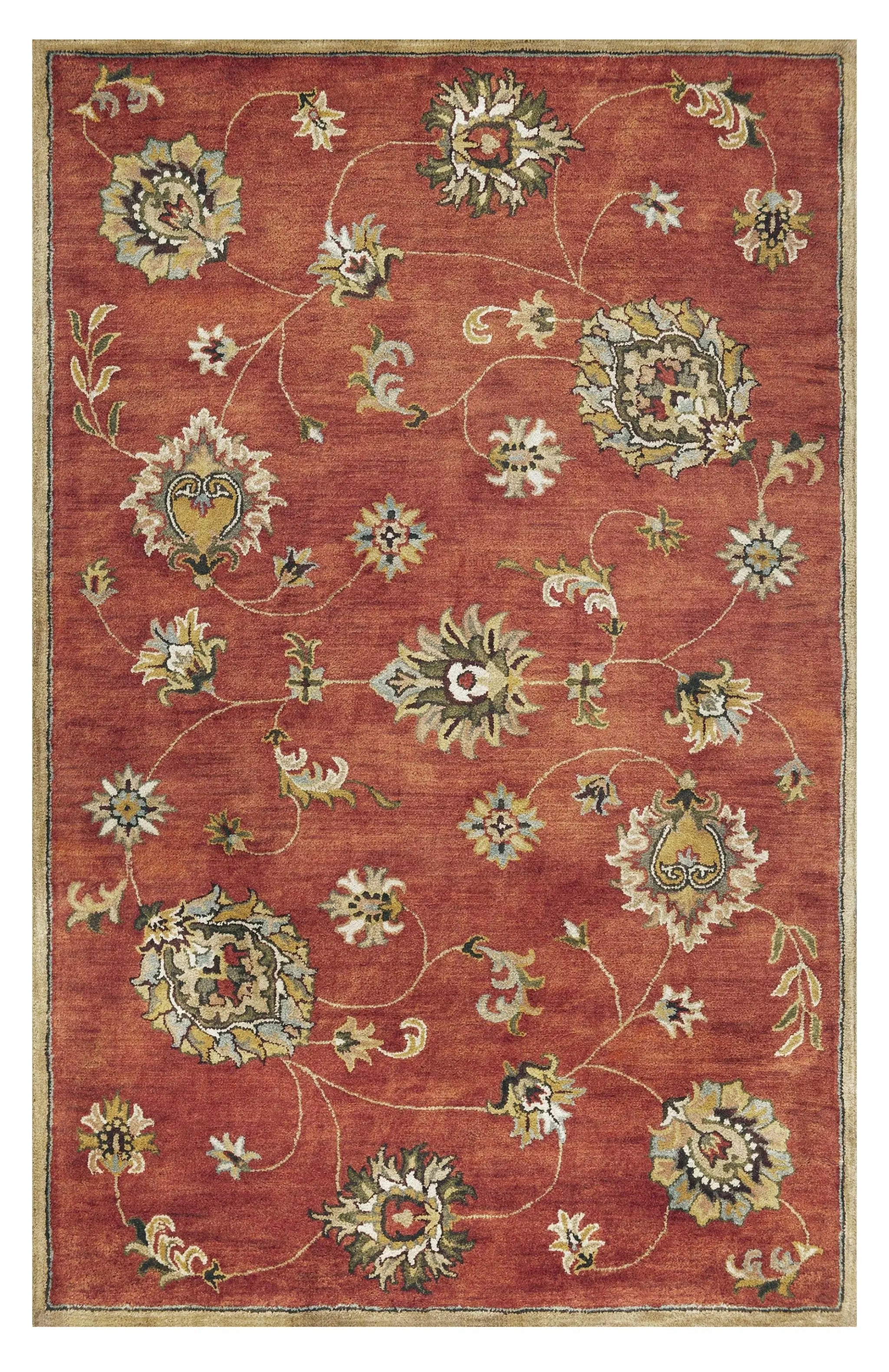 8' X 11' Sienna Gold And Green New Zealand Lambs Wool Floral Vines Hand Tufted Area Rug Homeroots Home Decor
