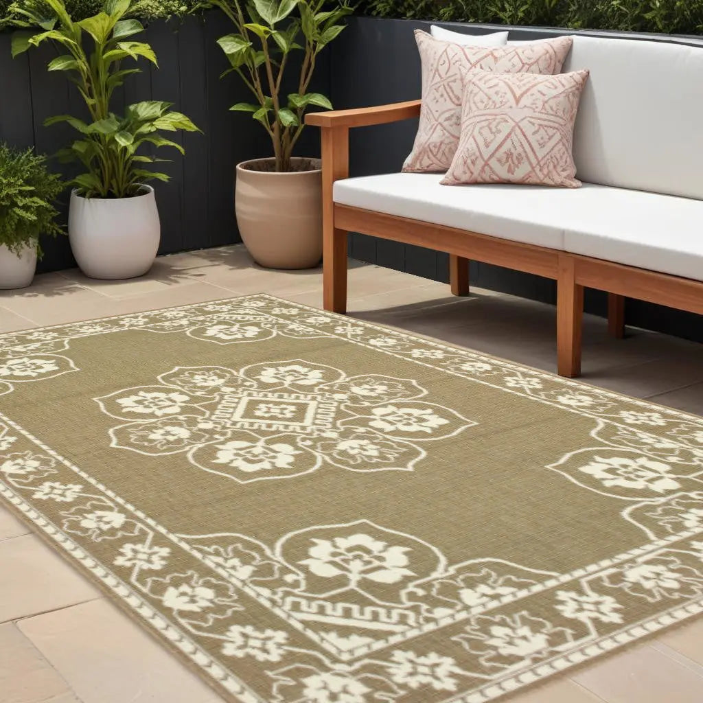 8' X 11' Tan Oriental Stain Resistant Indoor Outdoor Area Rug Homeroots Outdoor