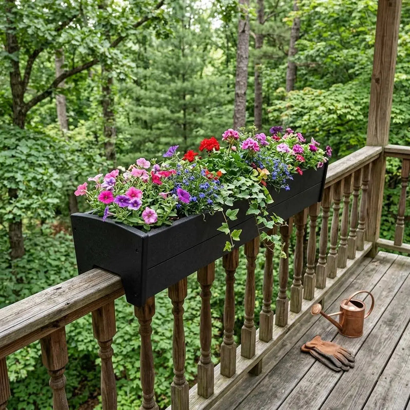 Black plastic railing planter box filled with vibrant petunias and greenery, perfect for outdoor deck decor.