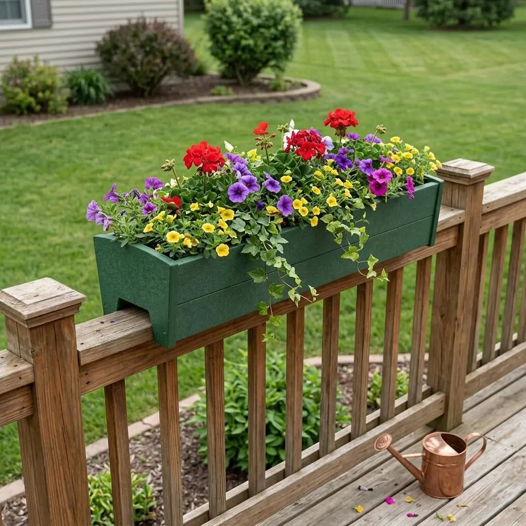 Green wooden railing planter box with vibrant red, purple, and yellow flowers, perfect for outdoor decor.