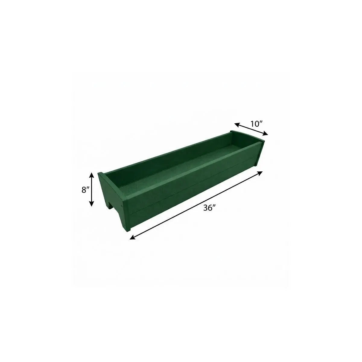 Green rectangular planter box made of durable material, measuring 36" x 10" x 8" for indoor or outdoor gardening.