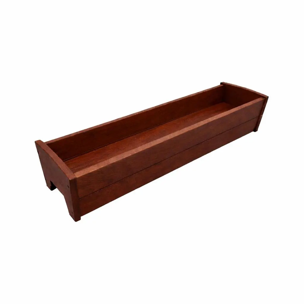 Rustic dark brown wooden planter box, rectangular with smooth edges, perfect for indoor or outdoor use.