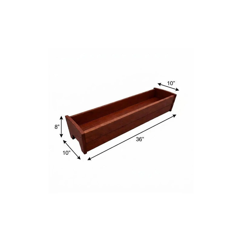 Rectangular wooden planter box, mahogany finish, 36"x10"x8", ideal for indoor or outdoor gardening.