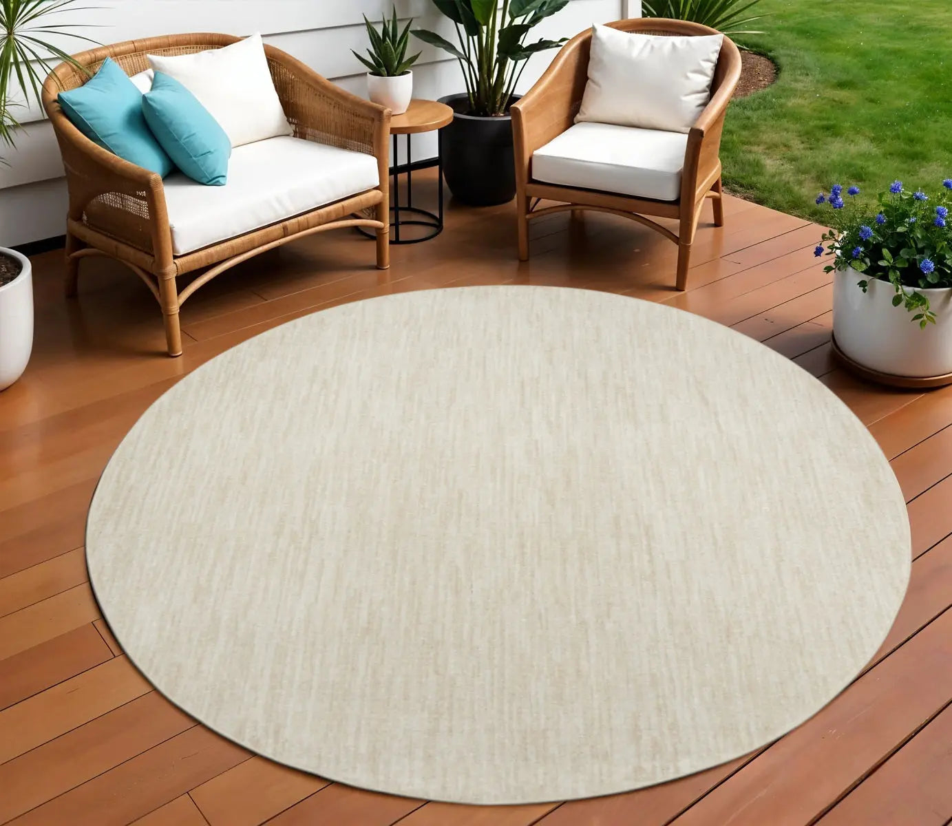 8' X 8' Beige And Ivory Round Indoor Outdoor Area Rug - GreatEagleInc