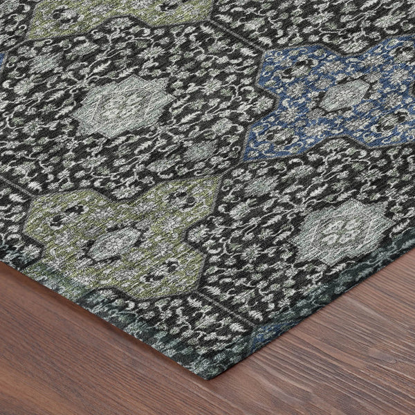 8' X 8' Black And Olive Green Round Damask Washable Indoor Outdoor Area Rug Homeroots Outdoor
