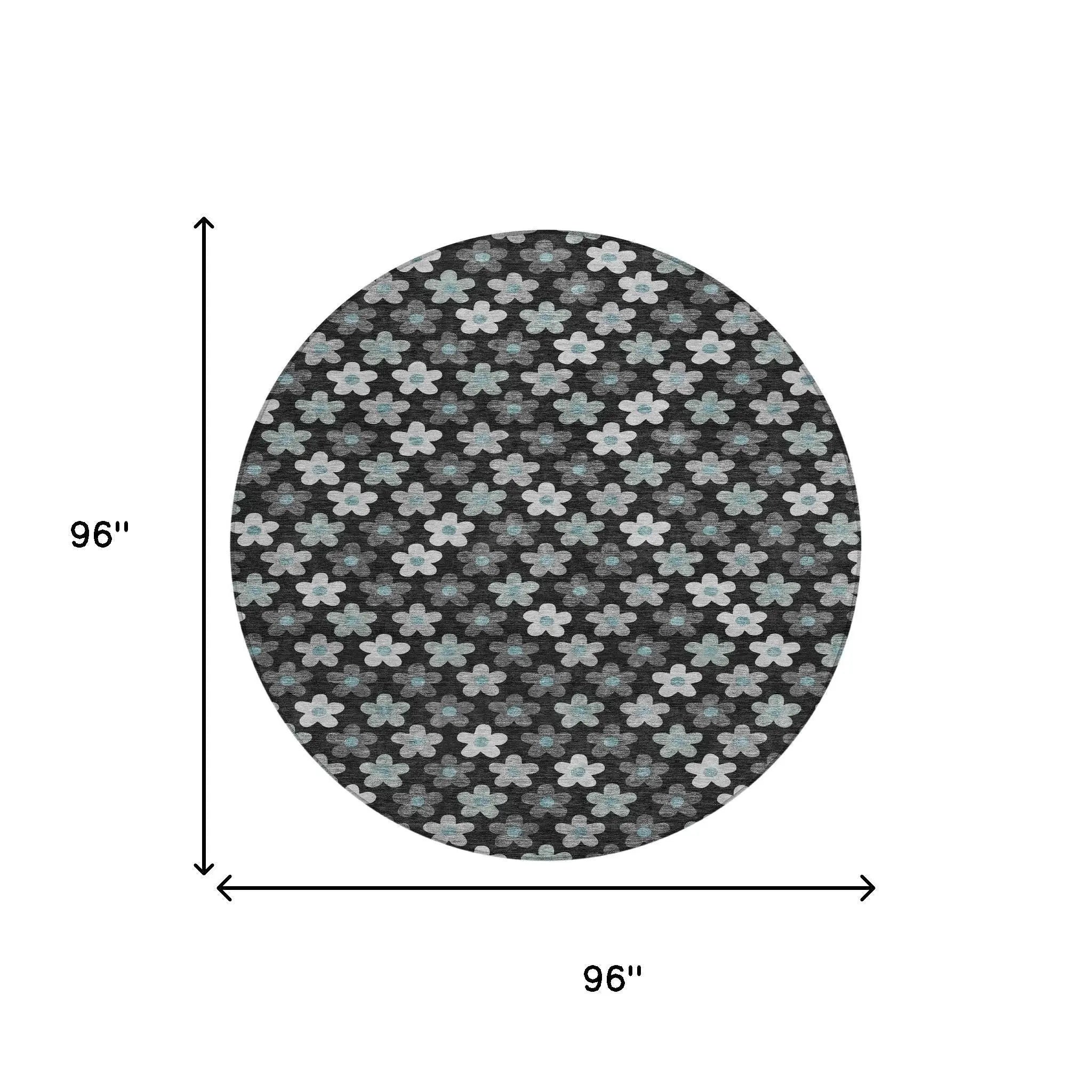 8' X 8' Black And Silver Round Floral Washable Indoor Outdoor Area Rug Homeroots Outdoor