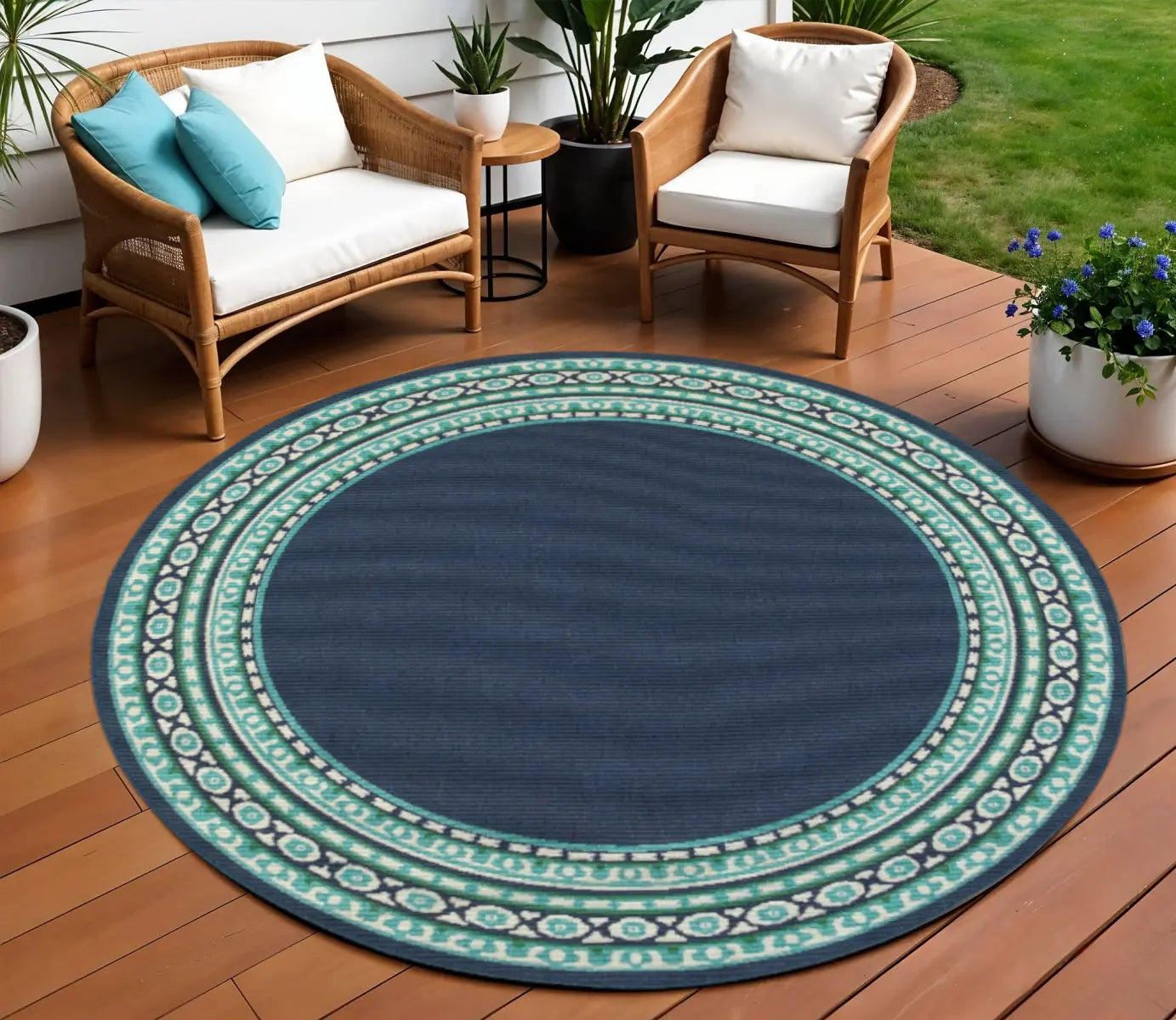 8' X 8' Blue And Green Round Indoor Outdoor Area Rug Homeroots Outdoor