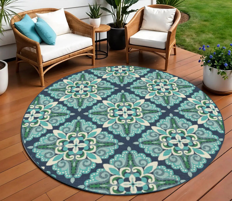 8' X 8' Blue And Green Round Indoor Outdoor Area Rug Homeroots Outdoor