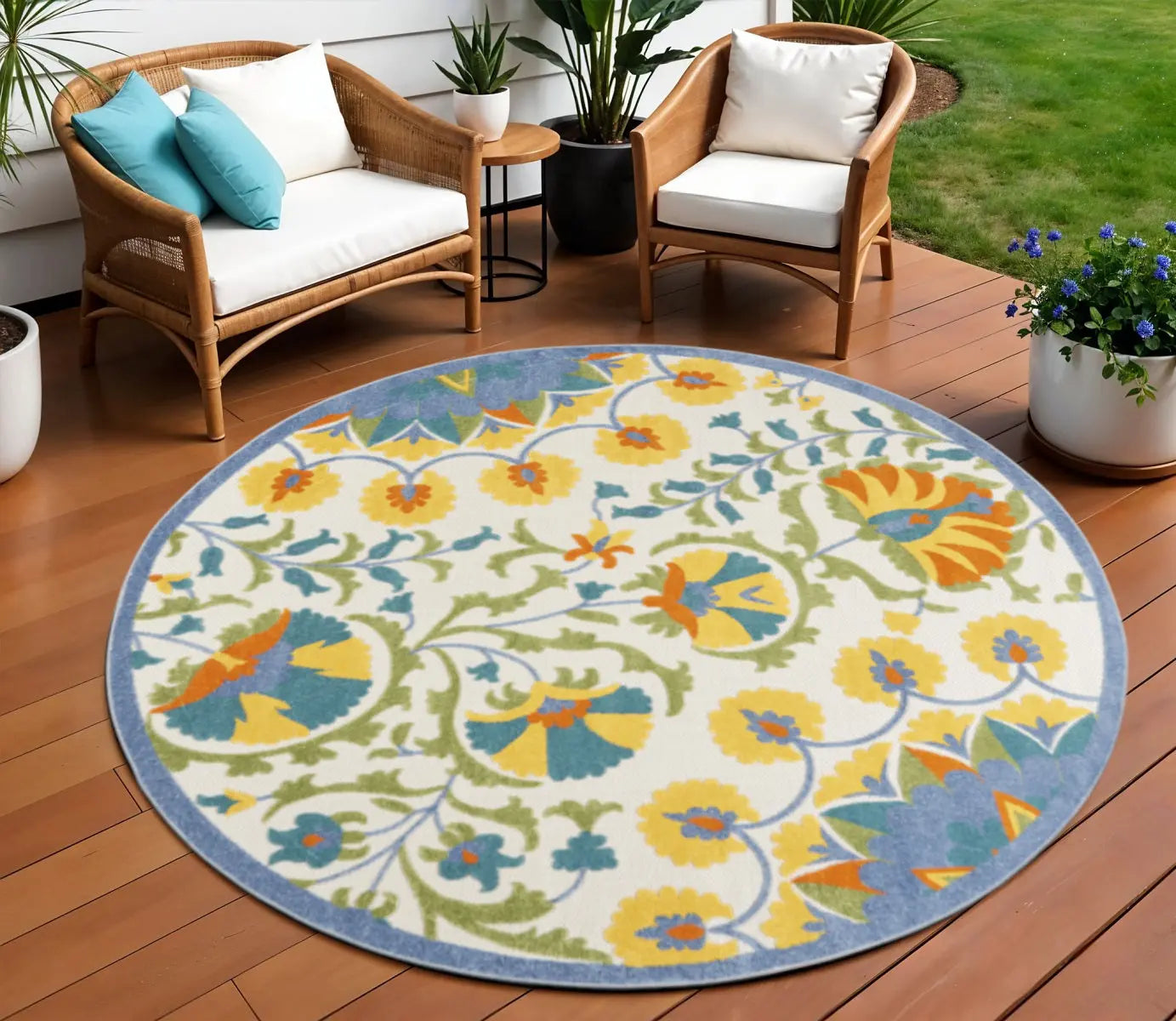 8' X 8' Blue And Yellow Round Indoor Outdoor Area Rug - GreatEagleInc