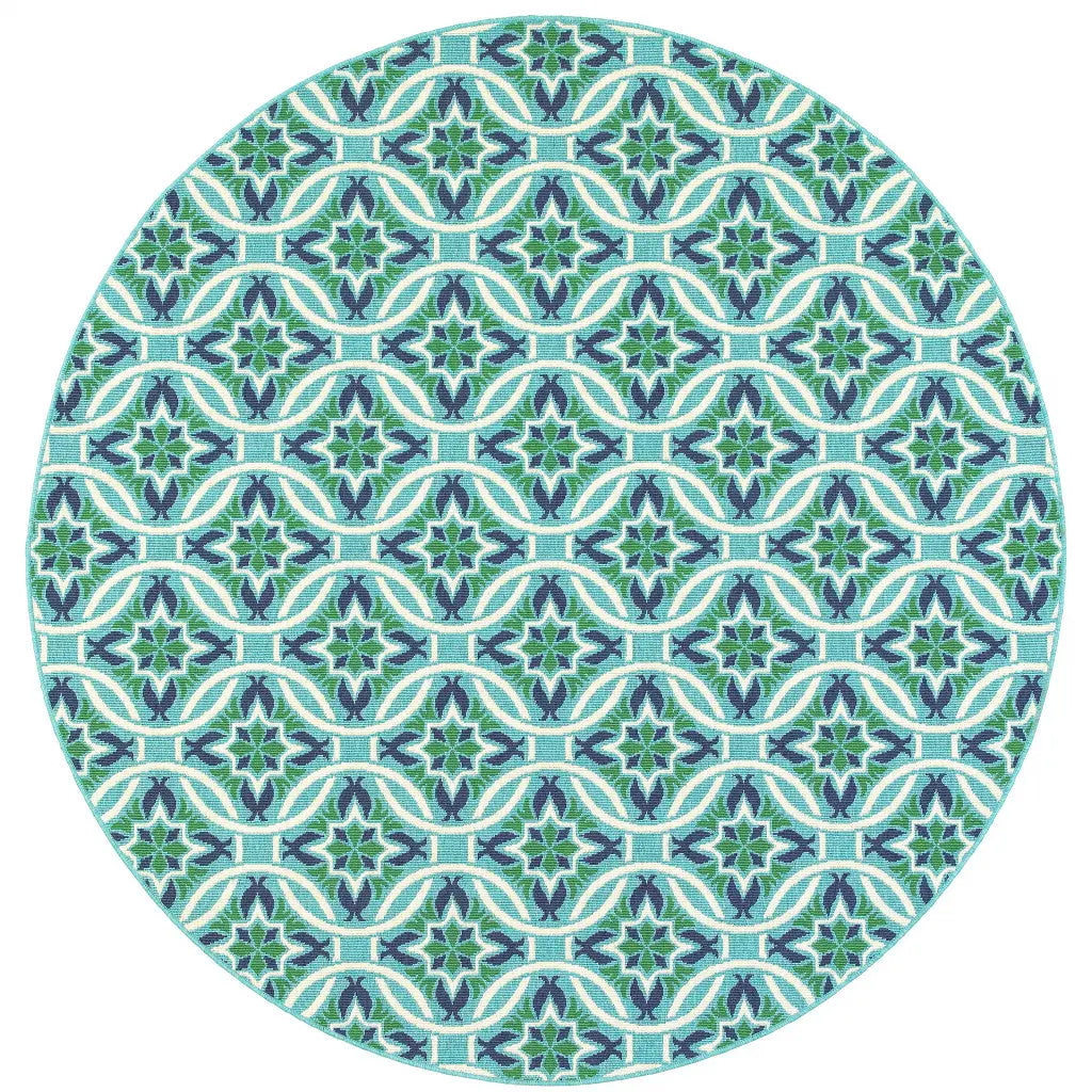 8' X 8' Blue and Green Round Geometric Stain Resistant Indoor Outdoor Area Rug Homeroots Outdoor