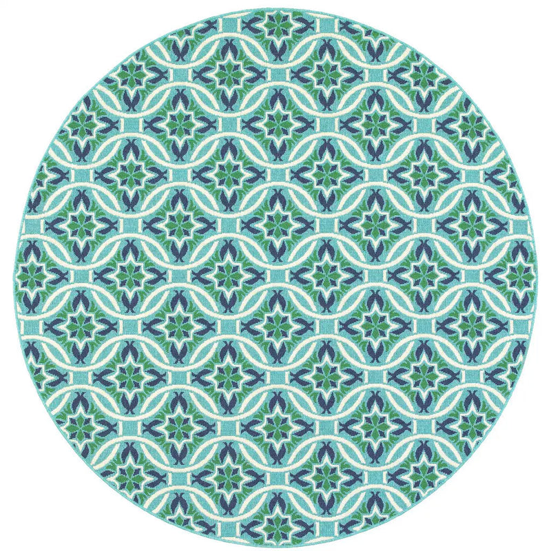 8' X 8' Blue and Green Round Geometric Stain Resistant Indoor Outdoor Area Rug Homeroots Outdoor