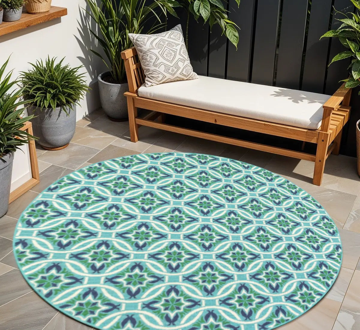 8' X 8' Blue and Green Round Geometric Stain Resistant Indoor Outdoor Area Rug Homeroots Outdoor