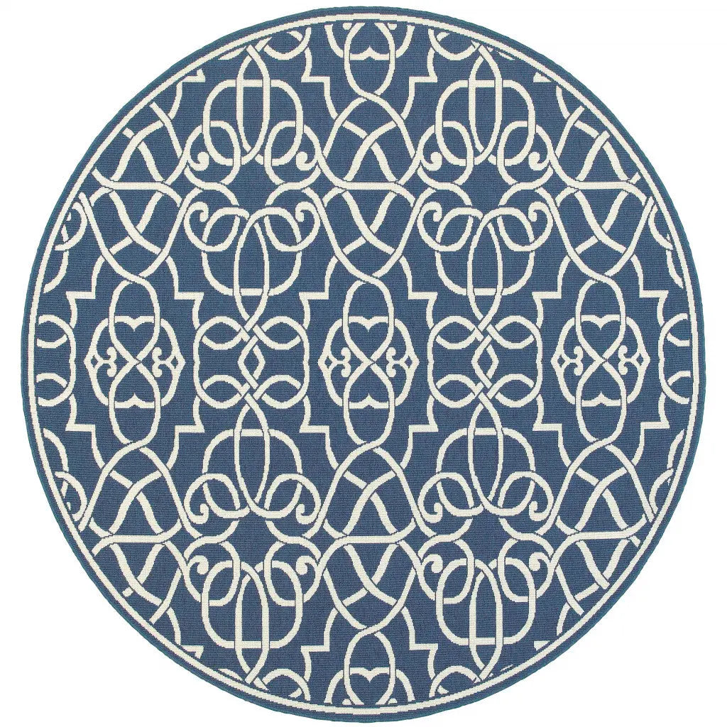 8' X 8' Blue and Ivory Round Geometric Stain Resistant Indoor Outdoor Area Rug Homeroots Outdoor