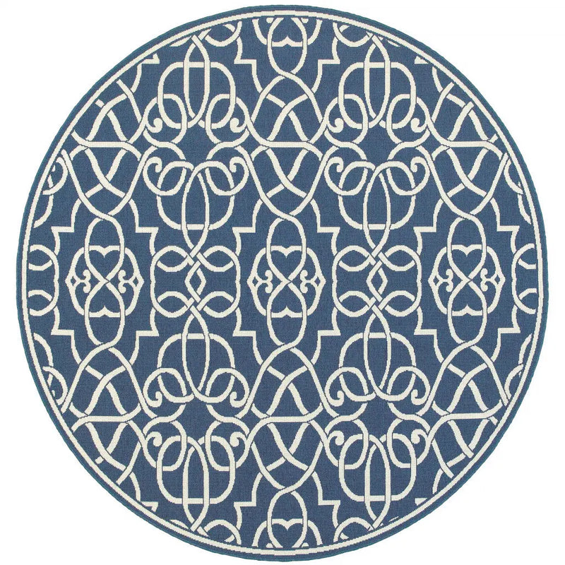 8' X 8' Blue and Ivory Round Geometric Stain Resistant Indoor Outdoor Area Rug Homeroots Outdoor