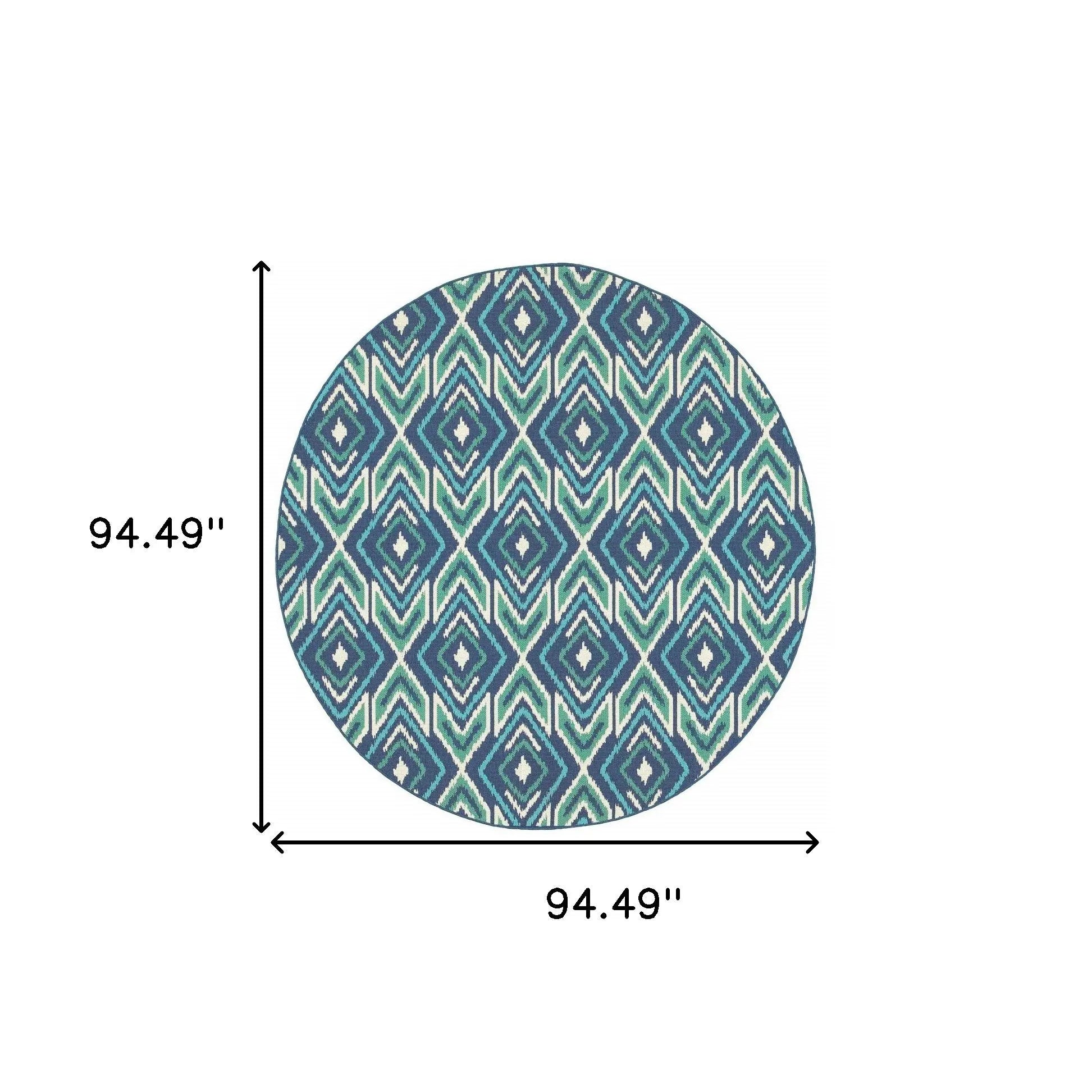 8' X 8' Blue and Ivory Round Geometric Stain Resistant Indoor Outdoor Area Rug Homeroots Outdoor