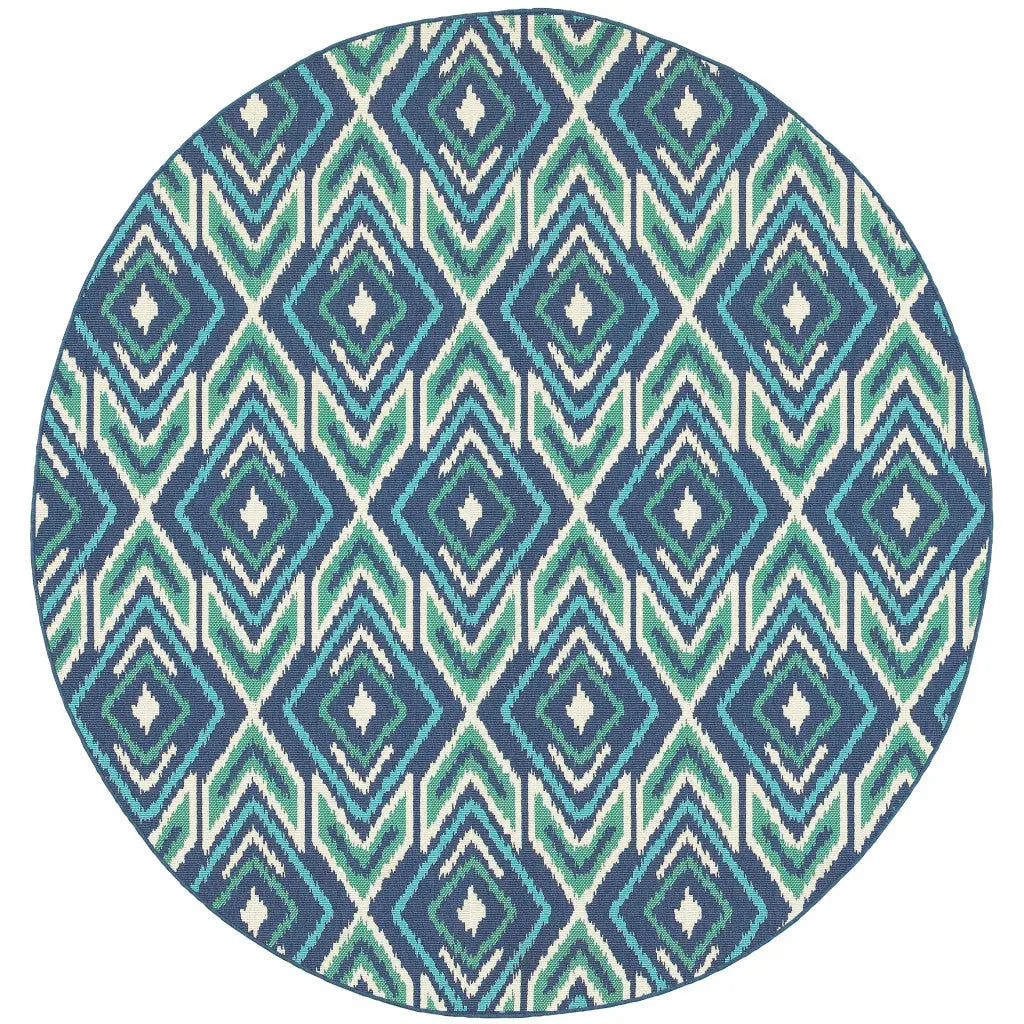 8' X 8' Blue and Ivory Round Geometric Stain Resistant Indoor Outdoor Area Rug Homeroots Outdoor