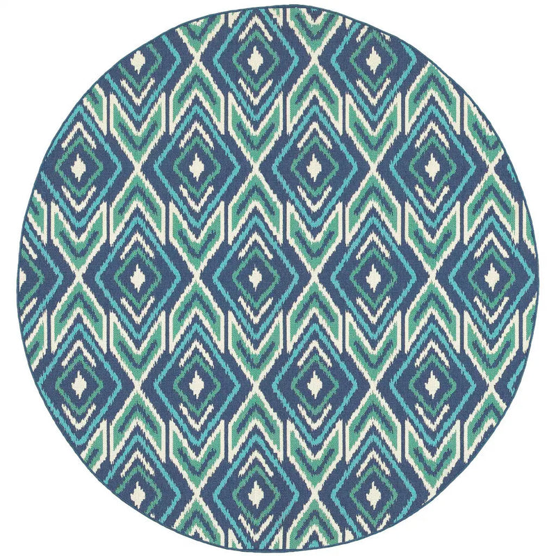 8' X 8' Blue and Ivory Round Geometric Stain Resistant Indoor Outdoor Area Rug Homeroots Outdoor