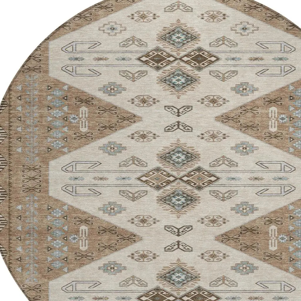 8' X 8' Brown And Chocolate Round Geometric Washable Indoor Outdoor Area Rug Homeroots Outdoor