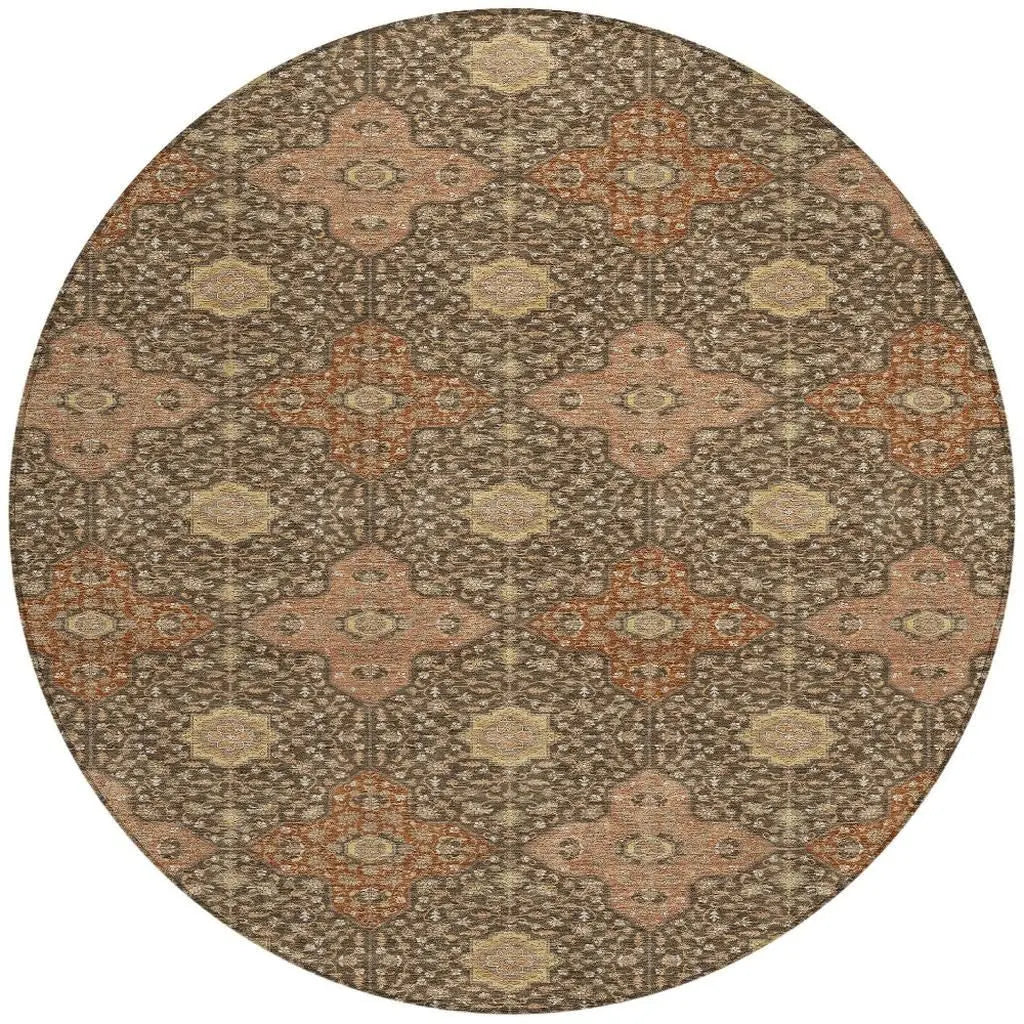 8' X 8' Chocolate And Orange Round Damask Washable Indoor Outdoor Area Rug Homeroots Outdoor