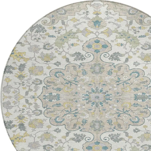 8' X 8' Ivory And Beige Round Floral Medallion Washable Indoor Outdoor Area Rug Homeroots Outdoor