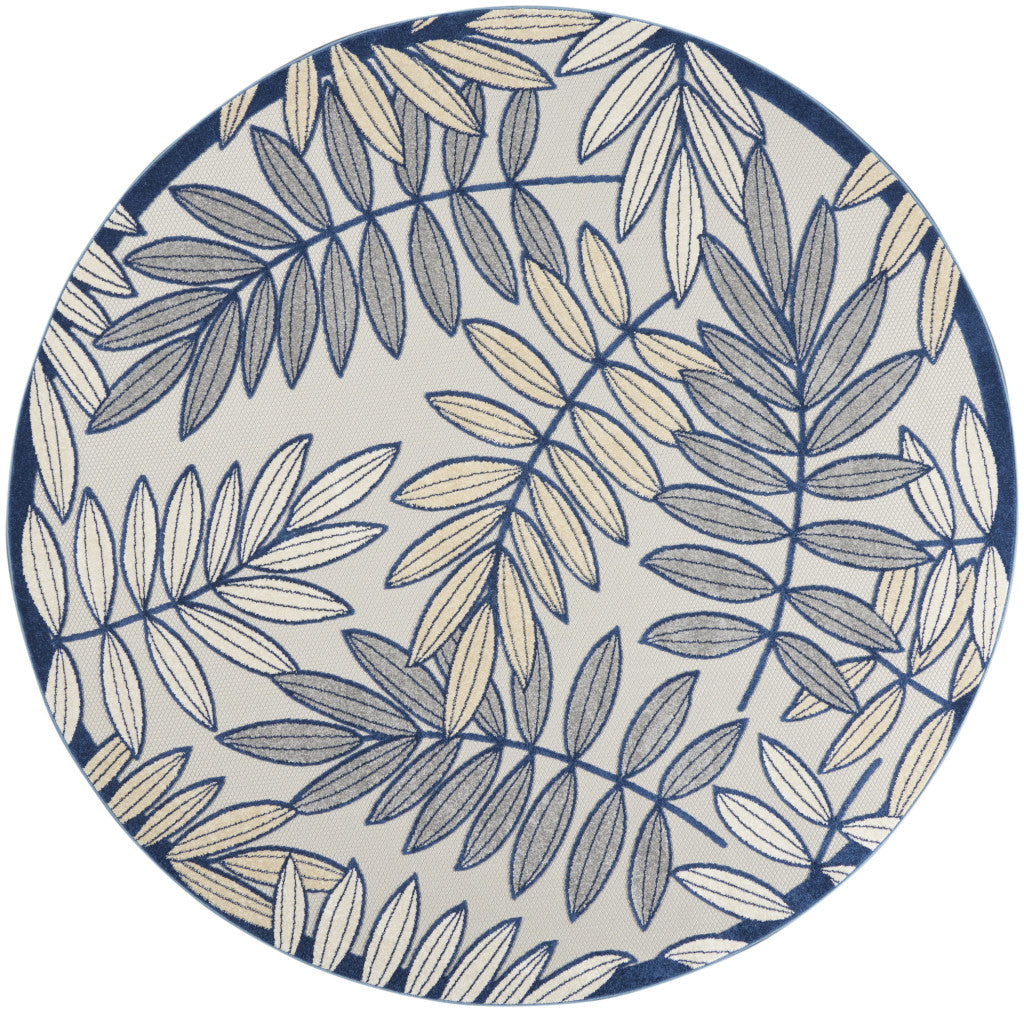 8' X 8' Ivory And Blue Round Indoor Outdoor Area Rug - GreatEagleInc