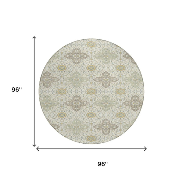8' X 8' Ivory And Brown Round Damask Washable Indoor Outdoor Area Rug Homeroots Outdoor