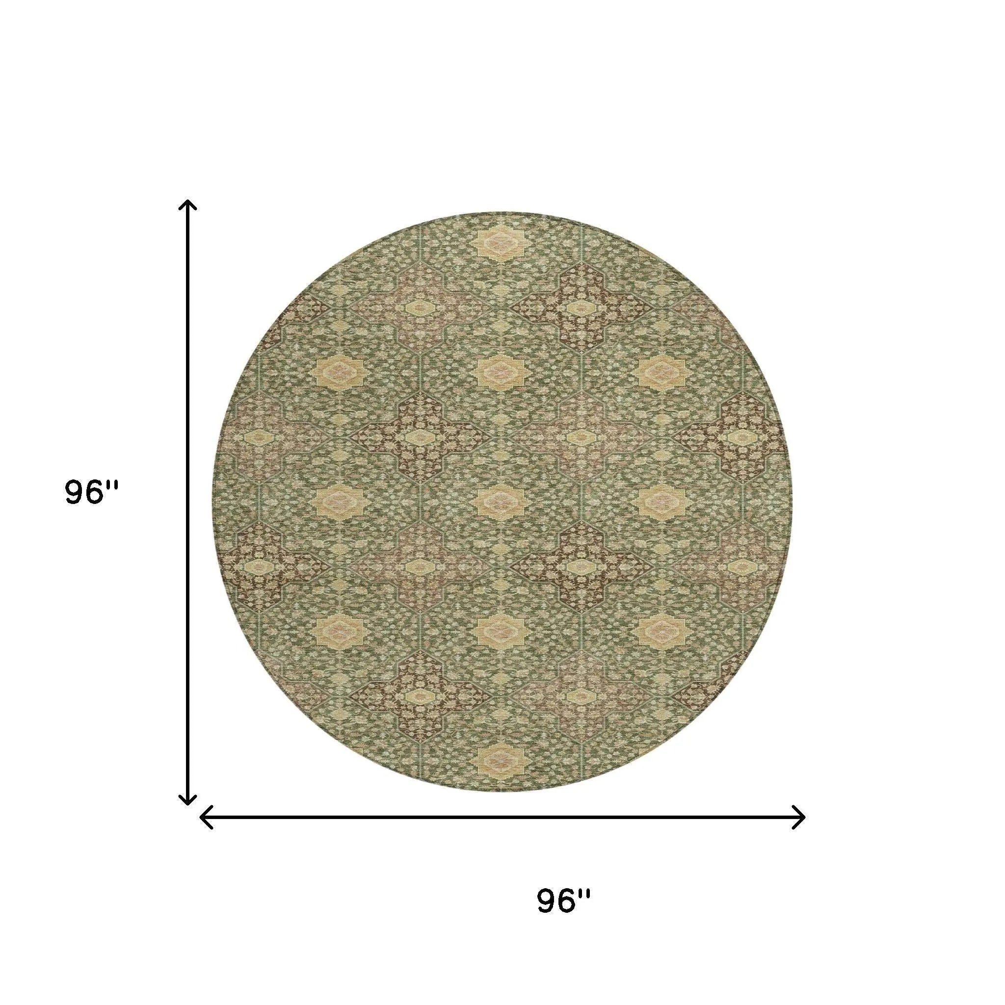 8' X 8' Olive Green And Chocolate Round Damask Washable Indoor Outdoor Area Rug Homeroots Outdoor