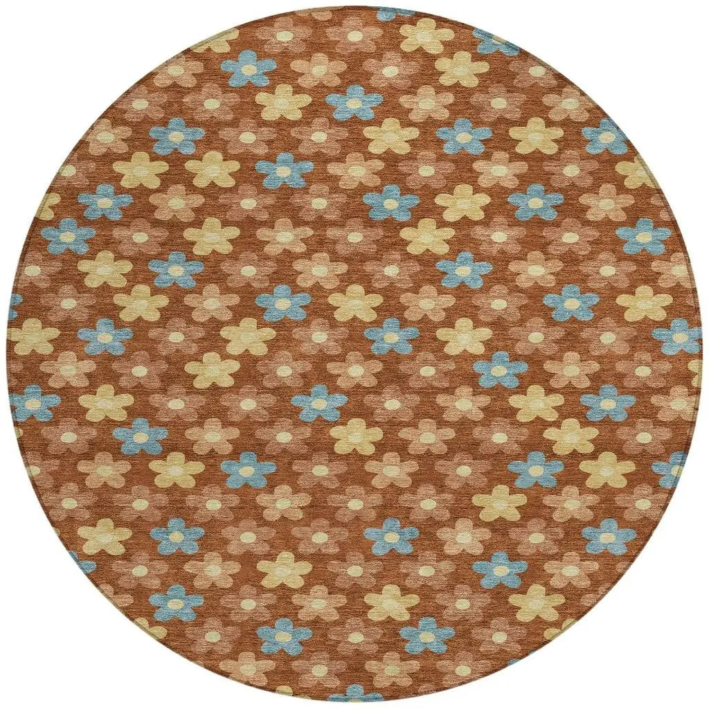 8' X 8' Orange And Copper Round Floral Washable Indoor Outdoor Area Rug Homeroots Outdoor