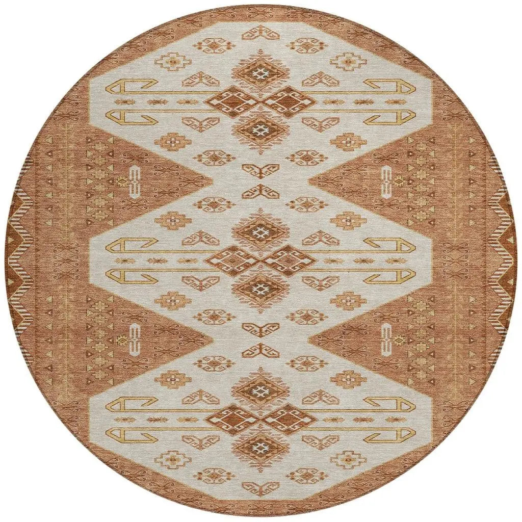 8' X 8' Orange And Copper Round Geometric Washable Indoor Outdoor Area Rug Homeroots Outdoor